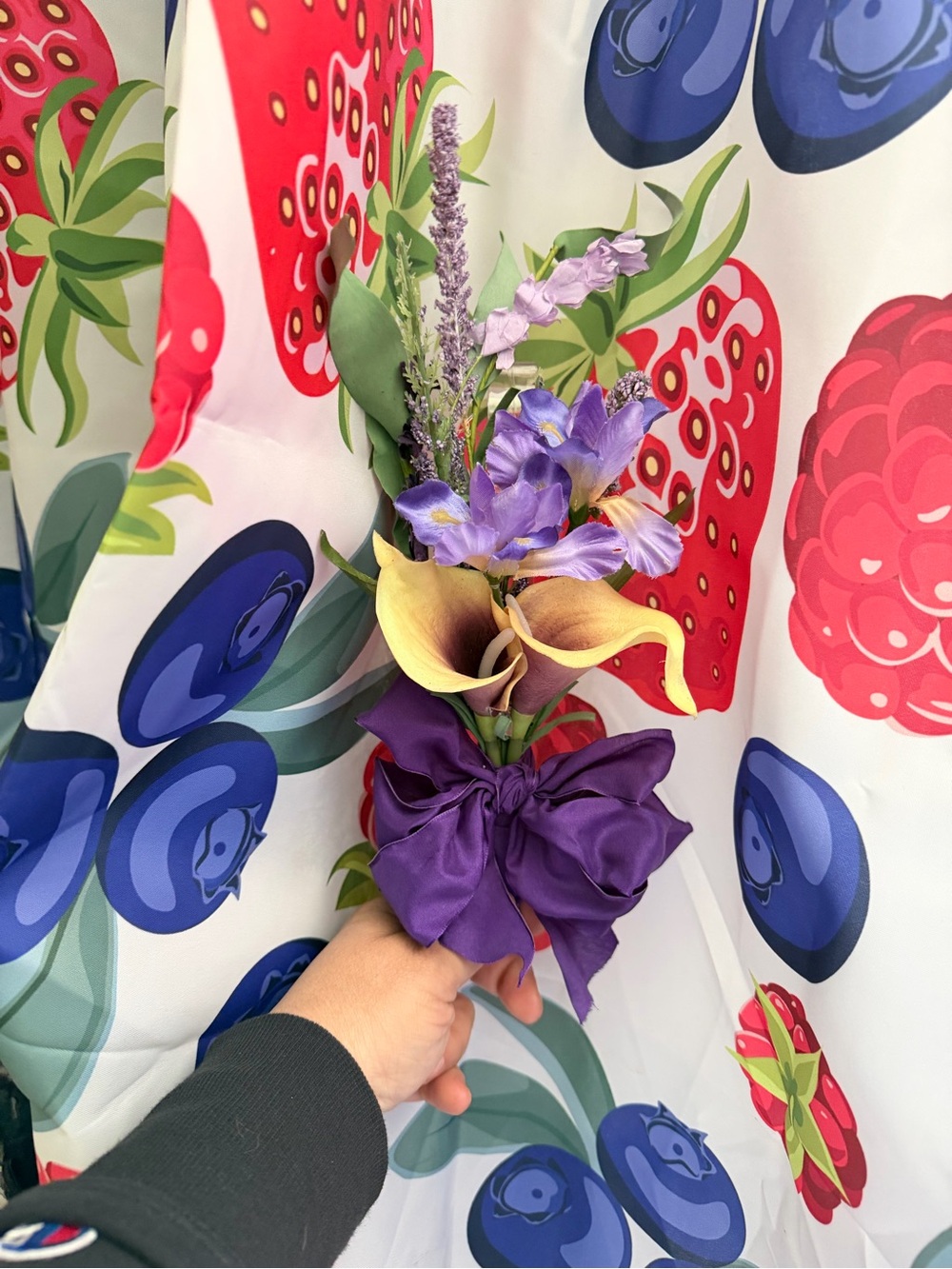 Purple Ribbon Wedding Boutonniere with purple and cream Calla Accent